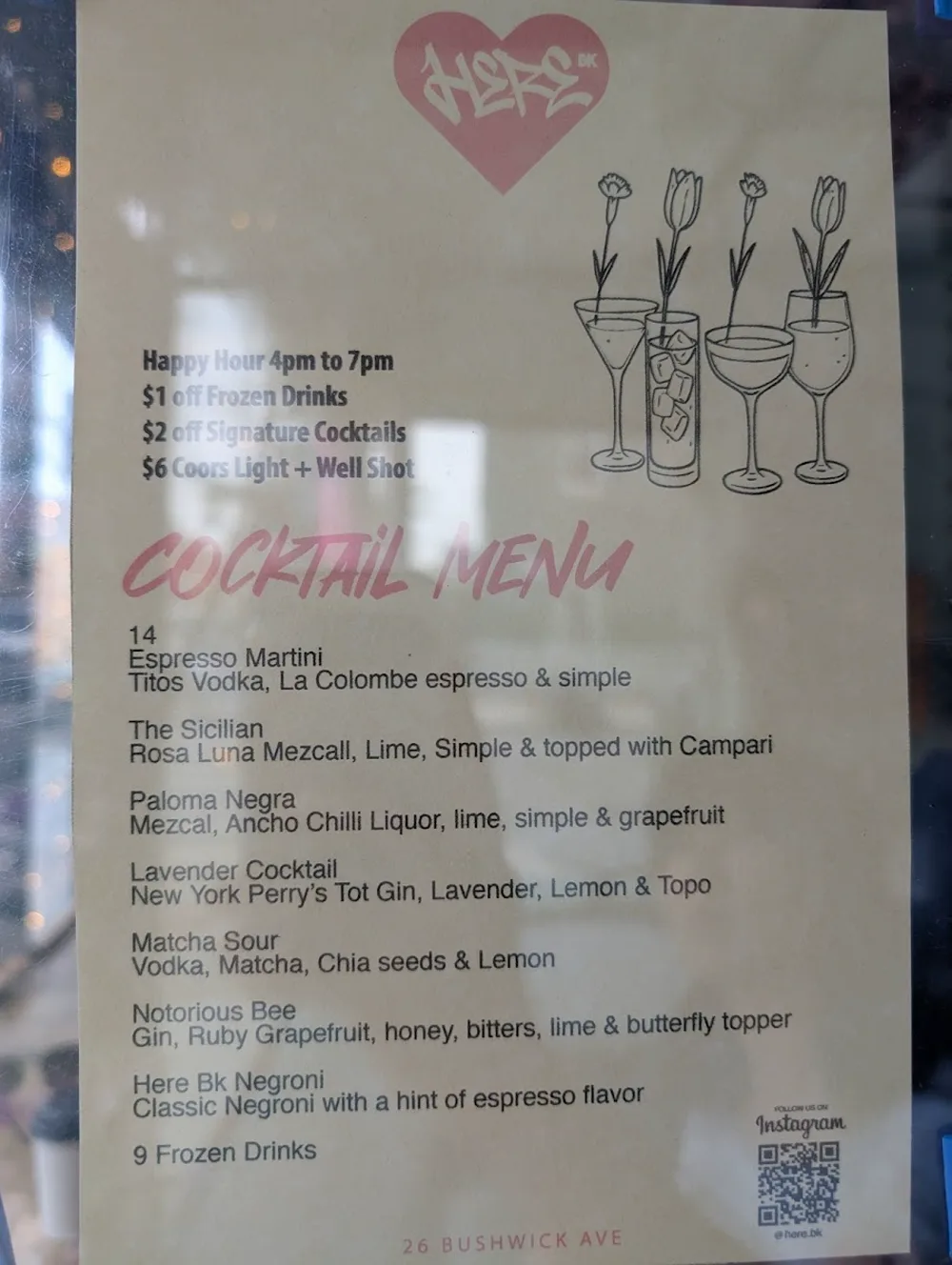 Here Bk's printed cocktail menu